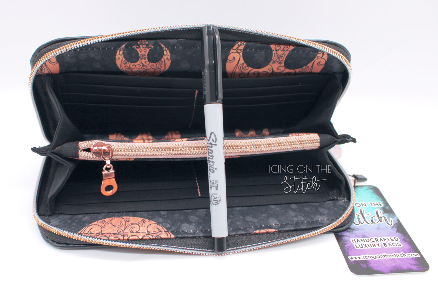 Rebel Princess Black and Rose Gold Zip Around Wallet