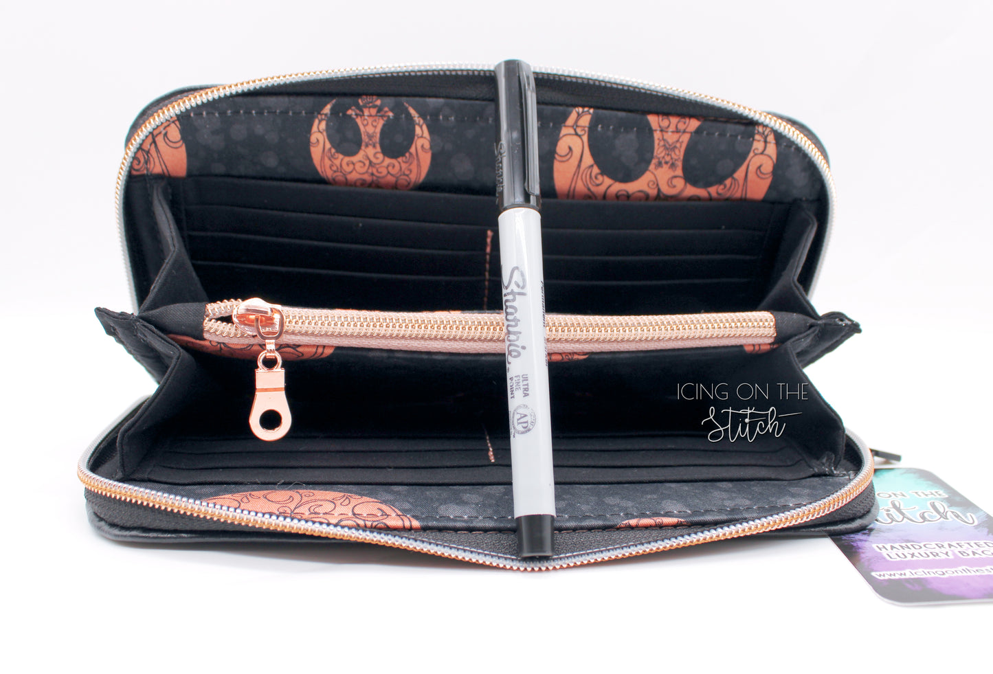 Rebel Princess Black and Rose Gold Zip Around Wallet