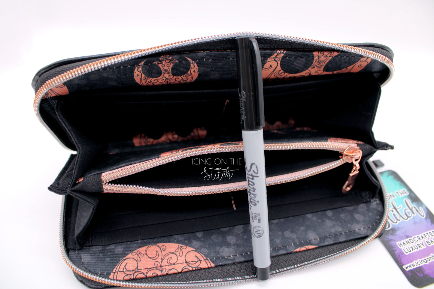 Rebel Princess Black and Rose Gold Zip Around Wallet
