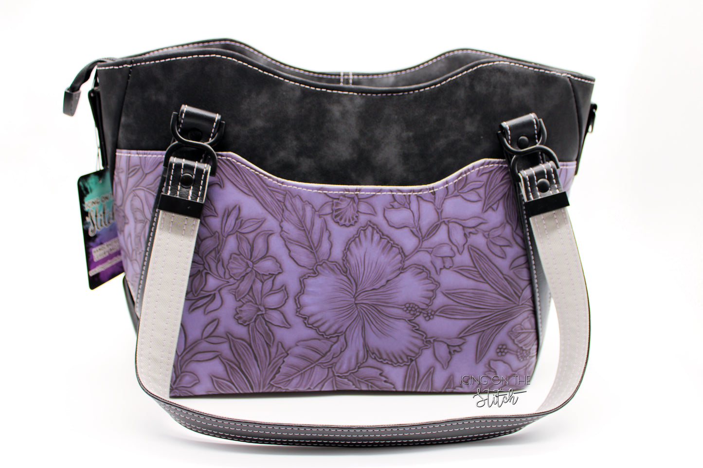 Purple Hibiscus Textured Faux Leather Luxury Handbag