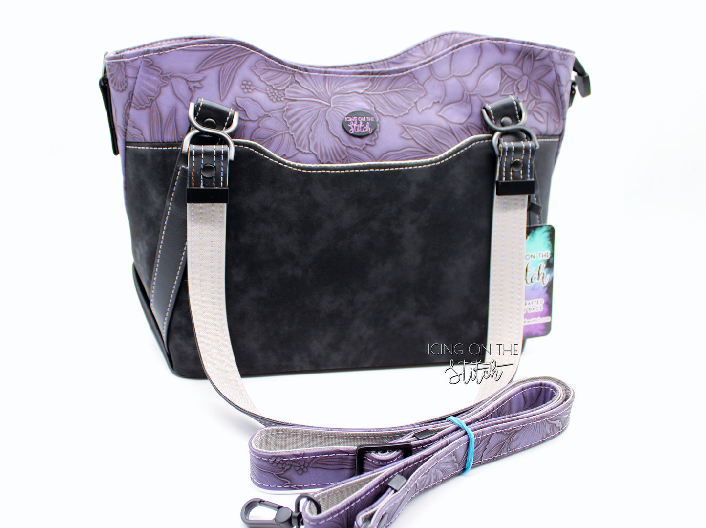 Black Faux Suede and Purple Hibiscus Large Handbag