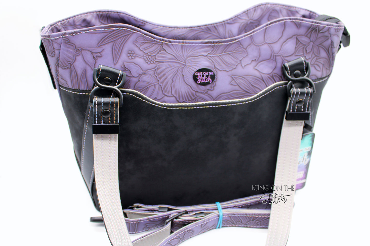 Black Faux Suede and Purple Hibiscus Large Handbag