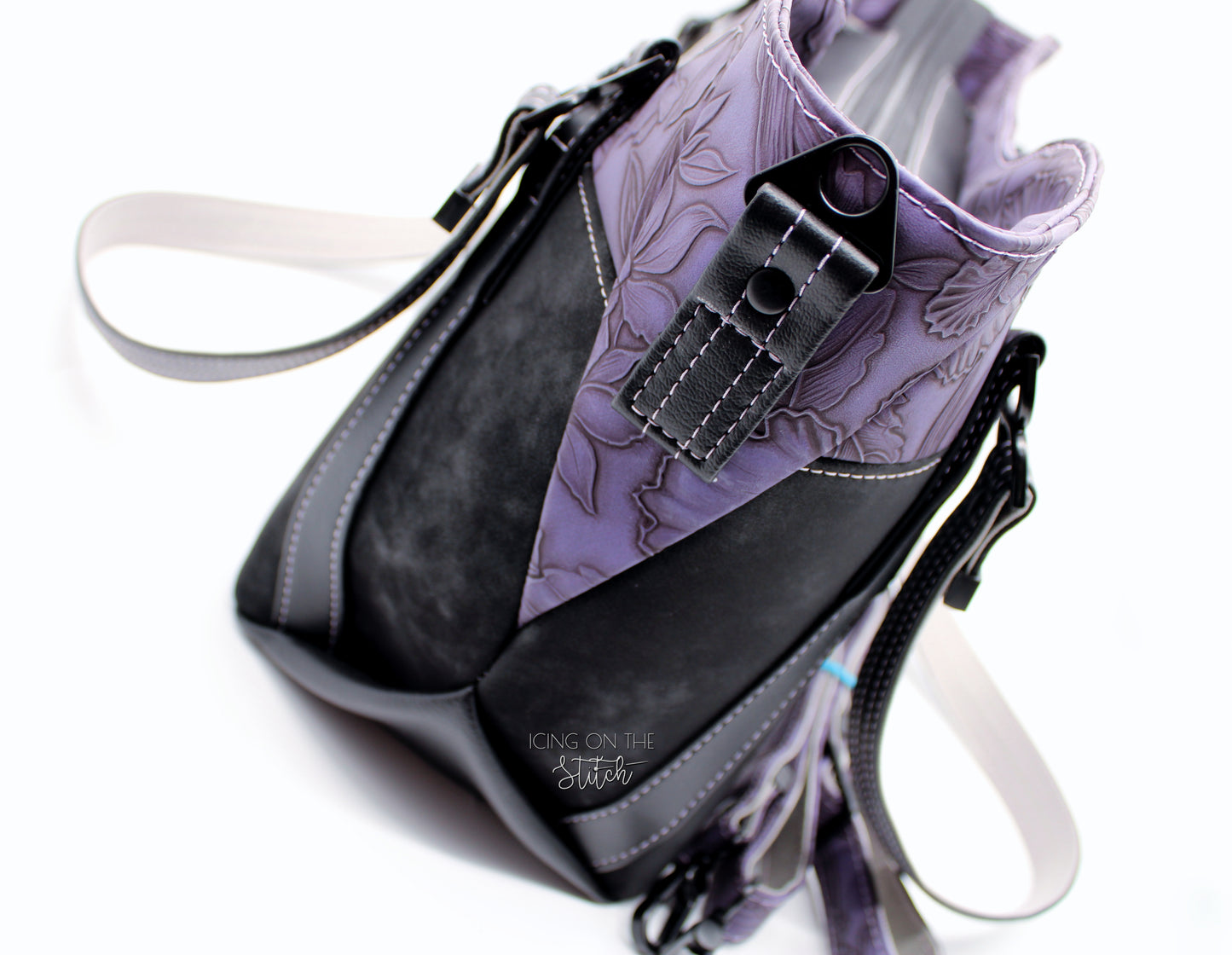 Black Faux Suede and Purple Hibiscus Large Handbag