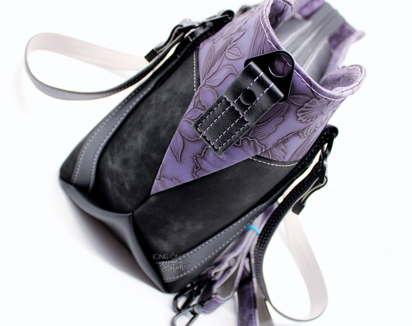Black Faux Suede and Purple Hibiscus Large Handbag