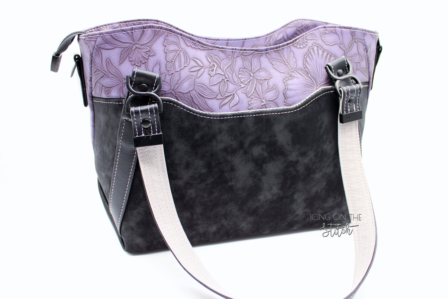 Black Faux Suede and Purple Hibiscus Large Handbag