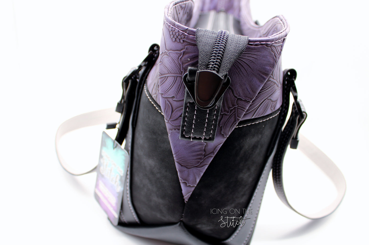 Black Faux Suede and Purple Hibiscus Large Handbag