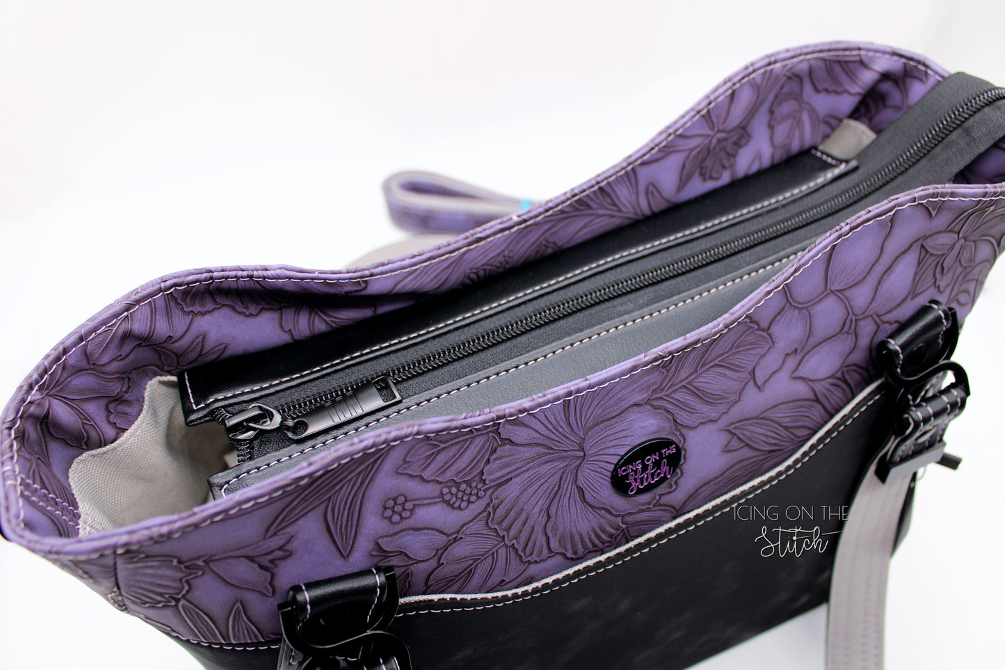 Black Faux Suede and Purple Hibiscus Large Handbag