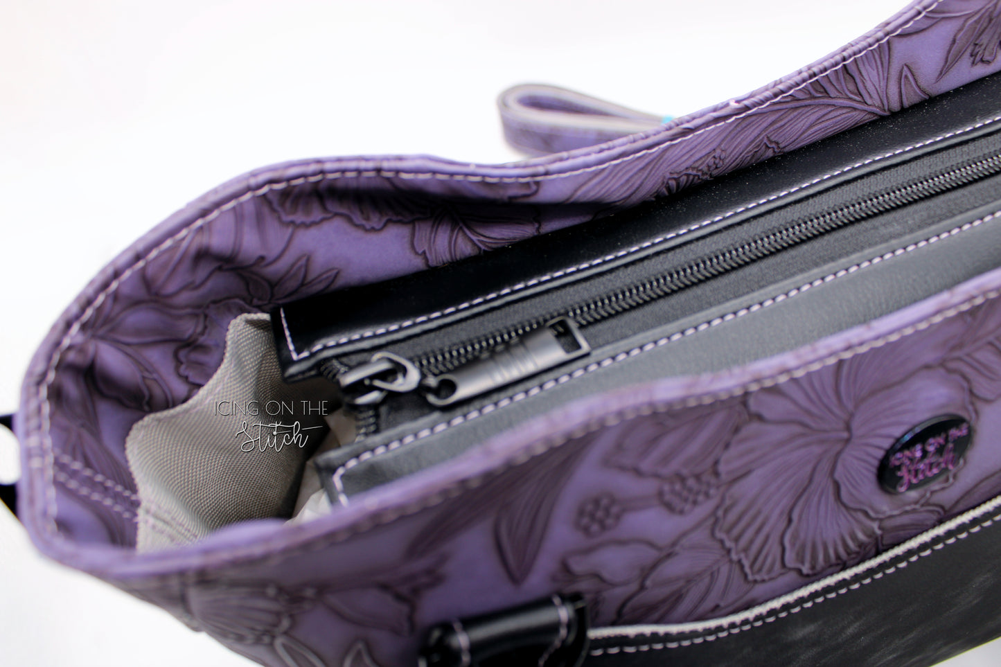 Black Faux Suede and Purple Hibiscus Large Handbag