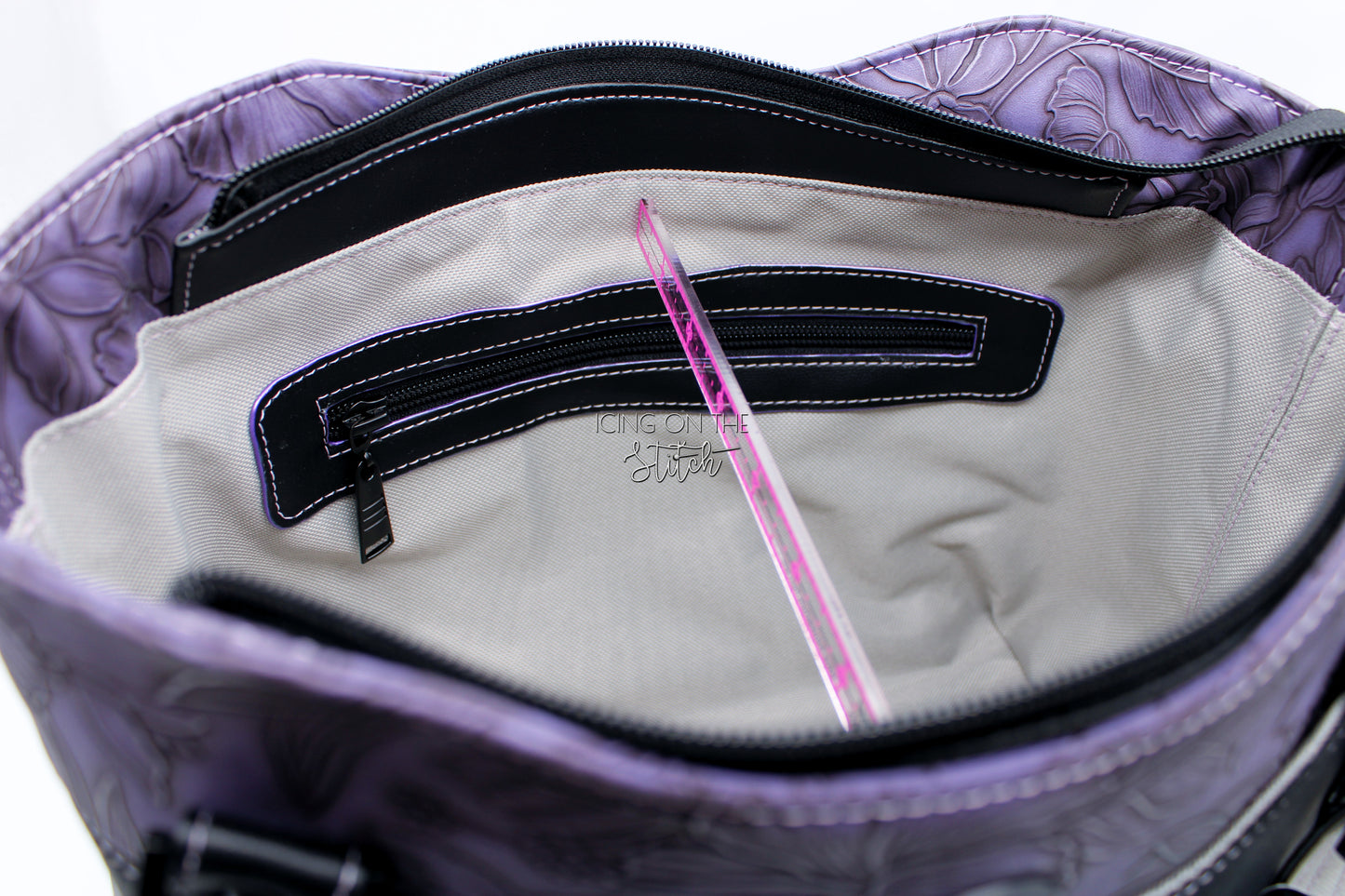 Black Faux Suede and Purple Hibiscus Large Handbag