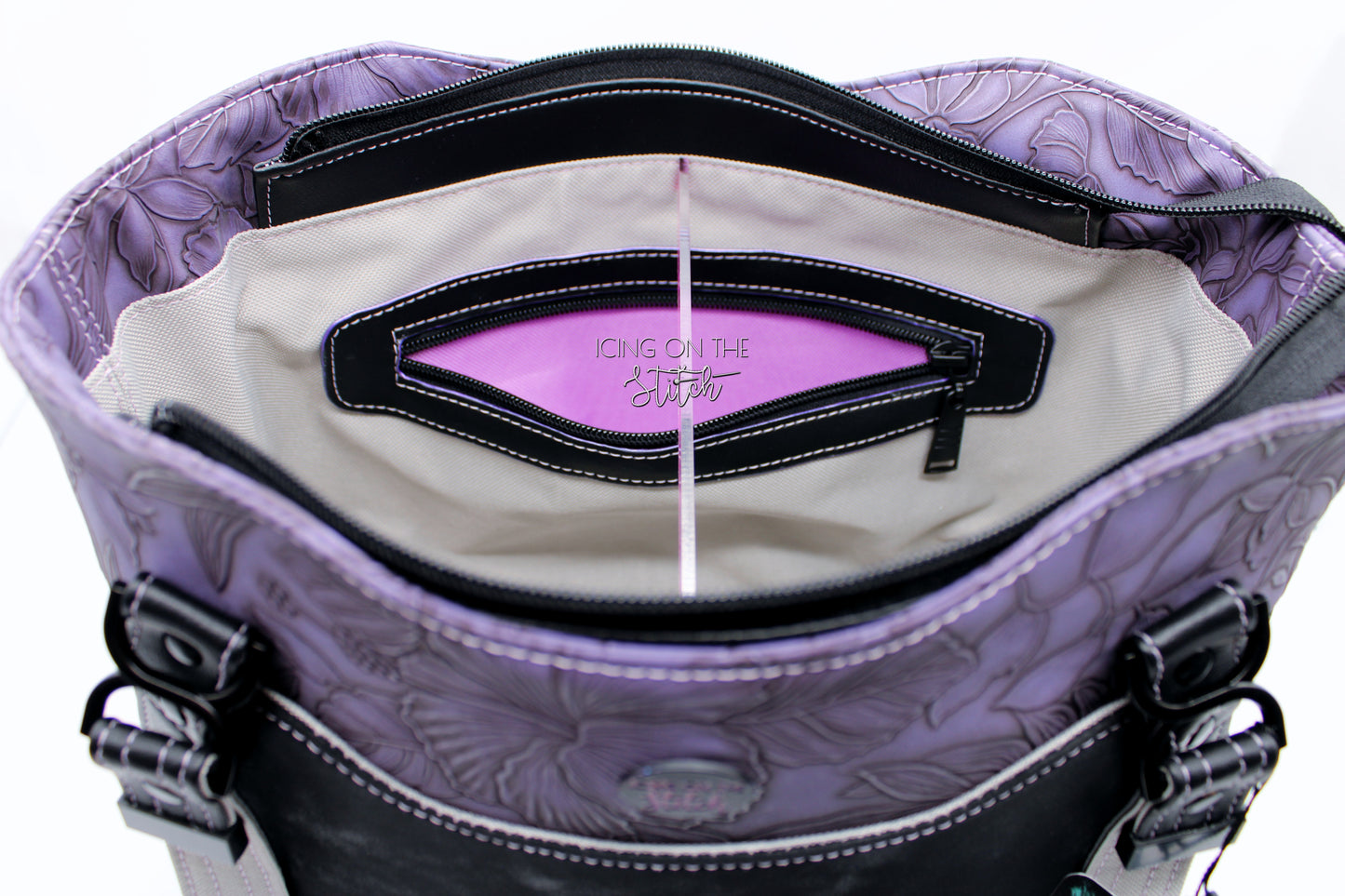 Black Faux Suede and Purple Hibiscus Large Handbag
