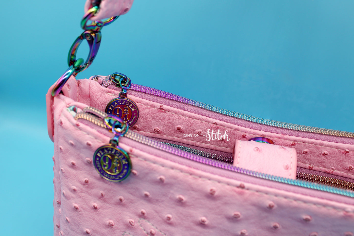 Quibbler-Themed Pink Ostrich Faux Leather Aries Crossbody Bag