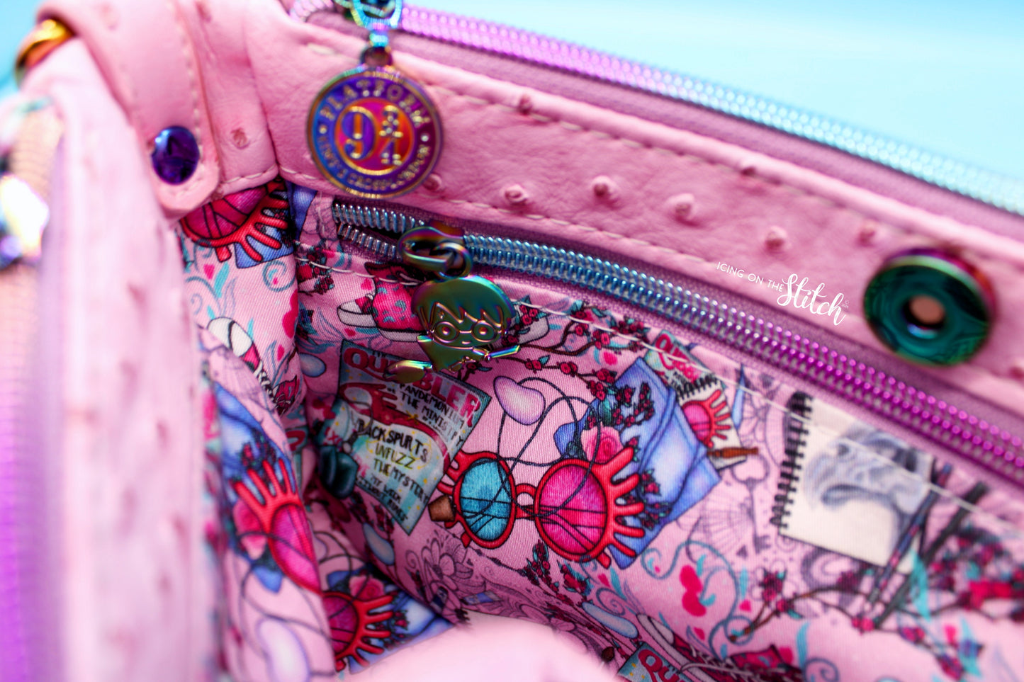 Quibbler-Themed Pink Ostrich Faux Leather Aries Crossbody Bag
