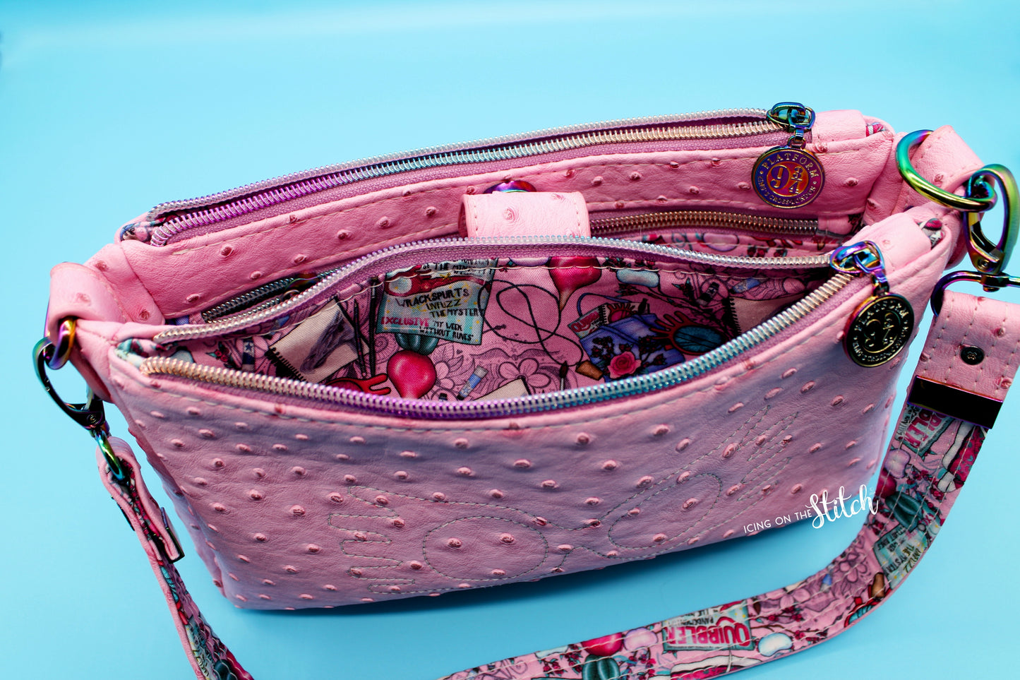 Quibbler-Themed Pink Ostrich Faux Leather Aries Crossbody Bag