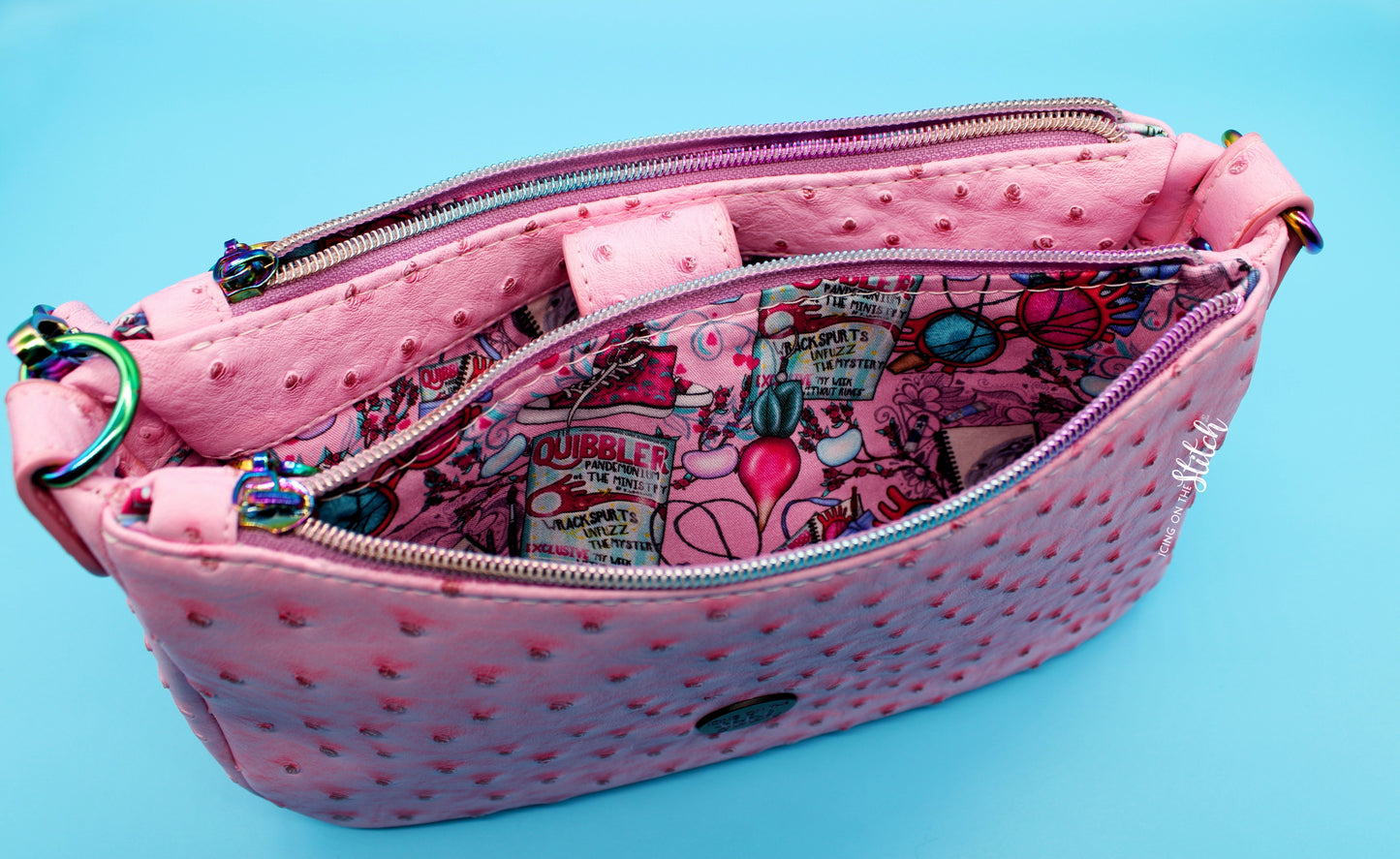 Quibbler-Themed Pink Ostrich Faux Leather Aries Crossbody Bag